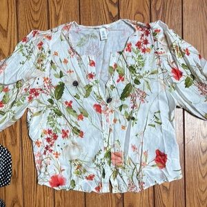 Floral Button-Front Women's Top - White with Red & Green Floral Print